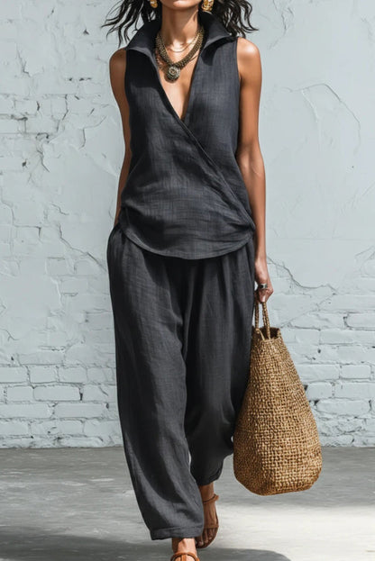 Linen Blend Collared Sleeveless Loose-fitting Top and Elastic Waist Pocket Casual Pants Set