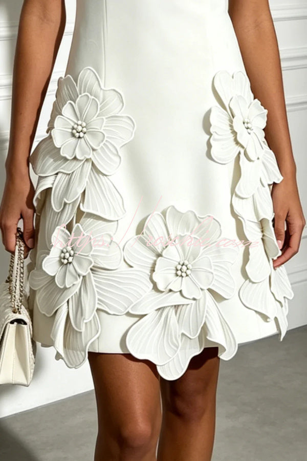 Delicate Silhouette Pearl Trim Cutout Neck Sleeveless 3D Florals Hem Mini Dress