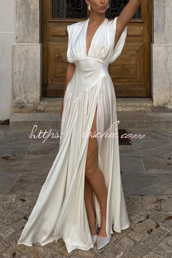 Elegant V-neck Sleeveless Fitted Waist High Slit Vacation Maxi Dress