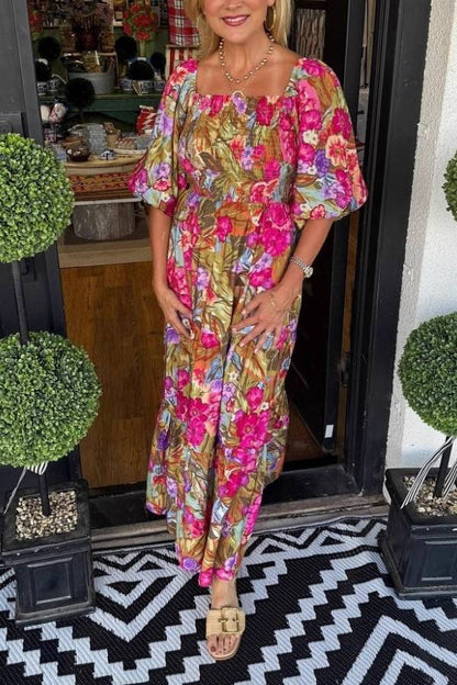 Tropical Floral Puff Sleeve Smocked Tiered Maxi Dress
