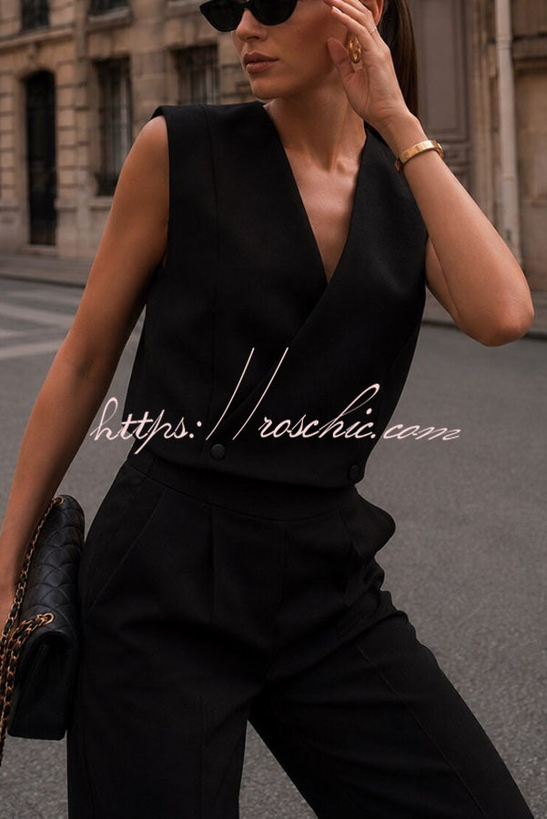 Office Hours V-neck Button Tank and Pleated High Rise Pocket Loose Pants Set