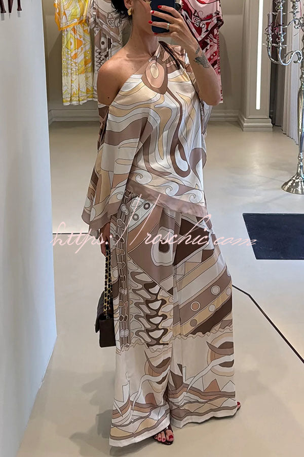 Luxe Resort Satin Unique Print Cape-style Top and Elastic Waist Pocket Wide Leg Pants Set