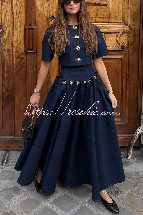 Custom Look Denim Unique Metal Pattern Buttons Lace-up Waist Crisp Hem Maxi Skirt