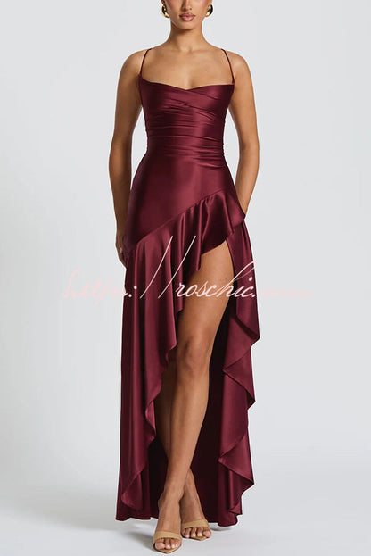 Solid Color Sexy Backless Lace-up Irregular Ruffled Maxi Dress