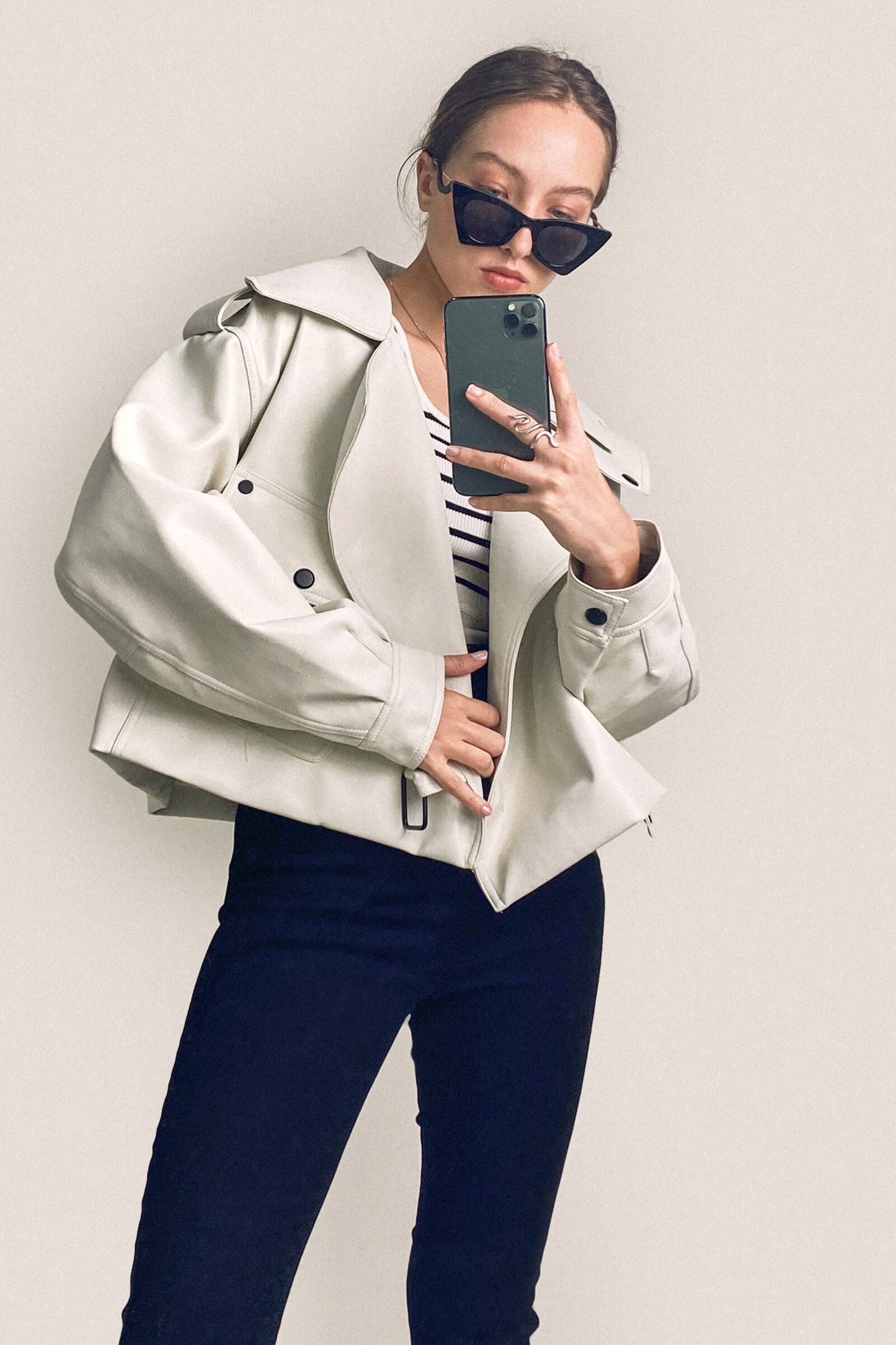Beige Vegan Leather Pocket Detail Biker Jacket