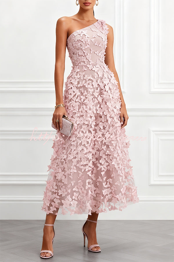 Lynelle Tulle 3D Floral Butterfly One Shoulder Sleeveless A-Line Midi Dress