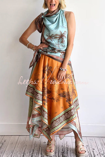 Alberta Satin Unique Color-blocked Print Tie Detail Layered Scarf Midi Dress