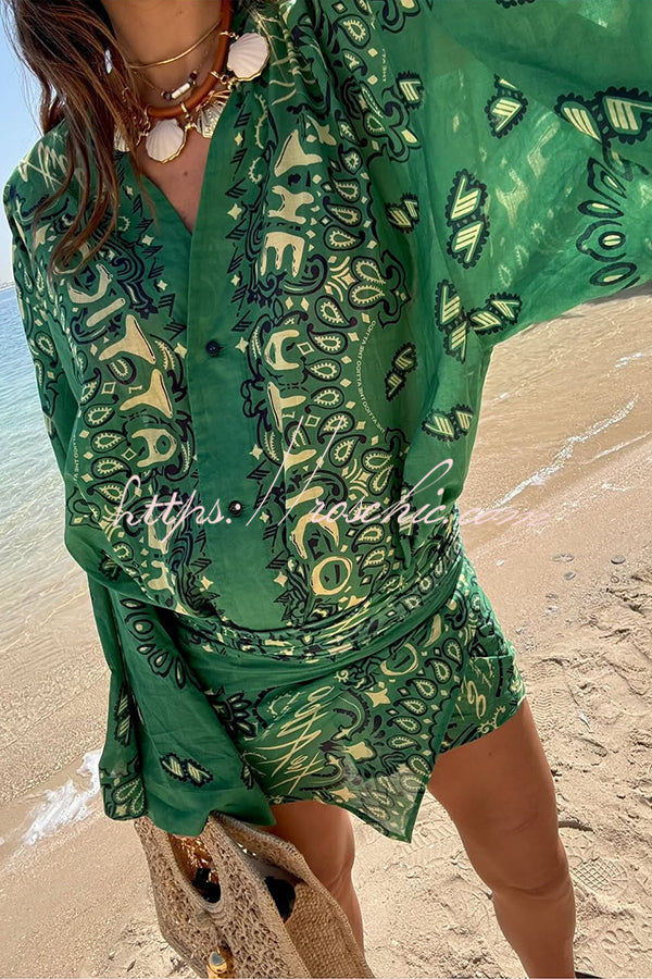 Sulena Linen Blend Ethnic Print Button Up Long Bell Sleeve Warp Tie-up Mini Dress