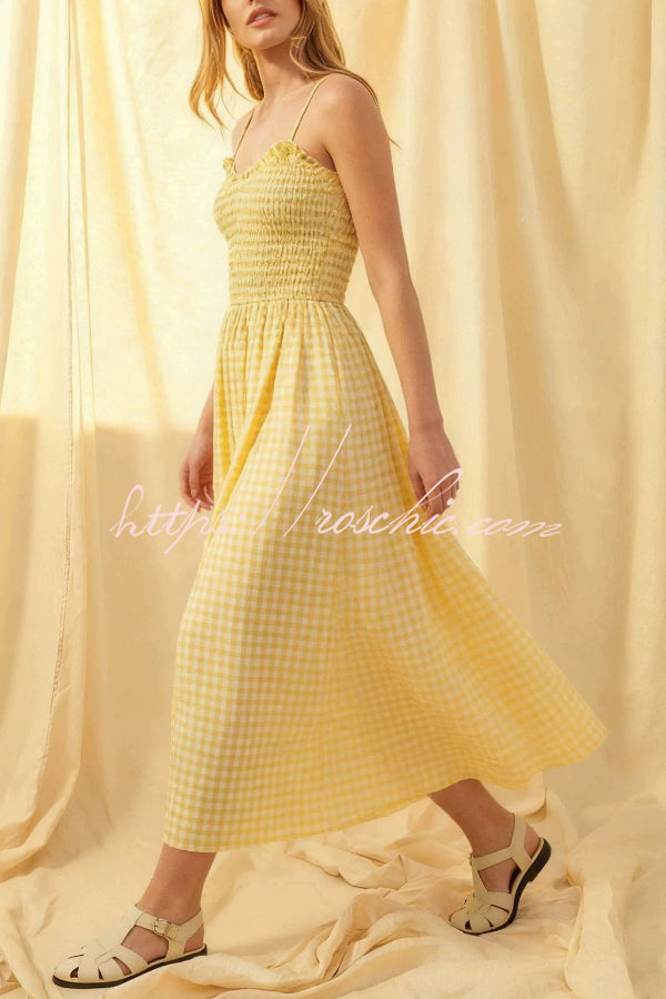 Stylish Plaid Print Spaghetti Strap Ruched Casual Pocket Maxi Dress