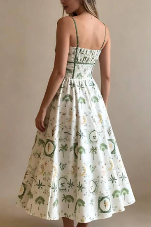 Tropical Plant Print Pleated Strap Waisted A-Line Midi Dress