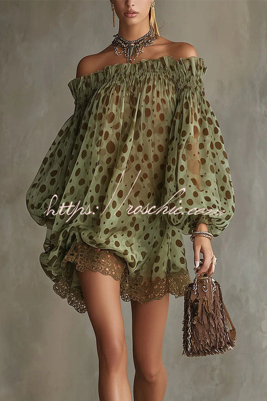 Ethereal Off-The-Shoulder Polka Dot Sheer Mini Dress