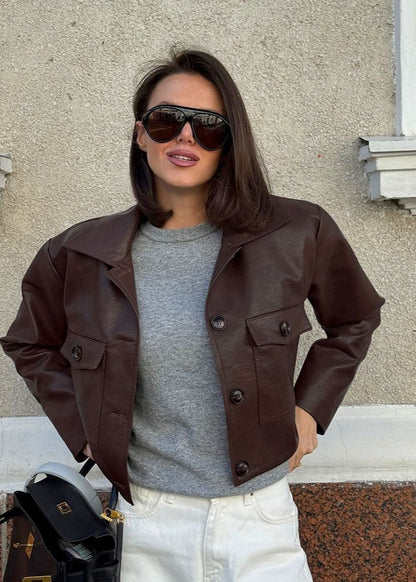 Nora Cropped Faux Leather Jacket – Structured Button-Down with Utility Pockets