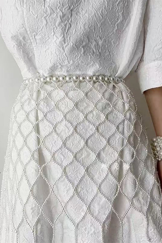 French-style Dress with A Cinched Waist and A Pearl Tassel Waist Chain