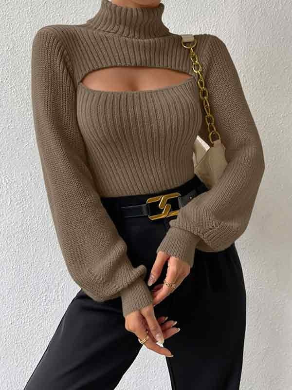 Solid Cutout High Neck Sweater