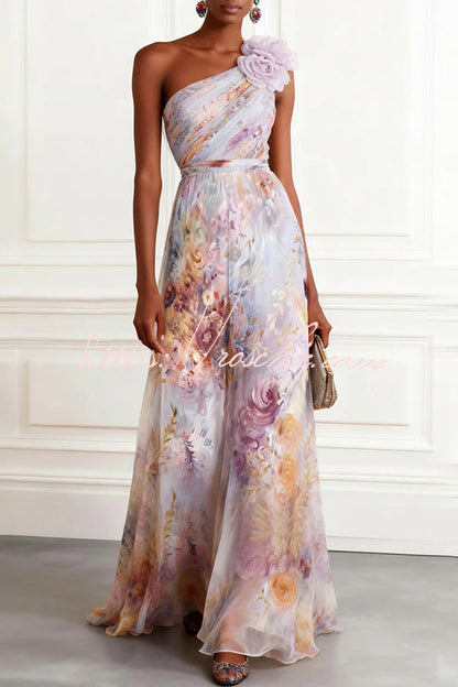 Verne Chiffon 3D Floral One Shoulder Pleated Sleeveless A-Line Gown Maxi Dress