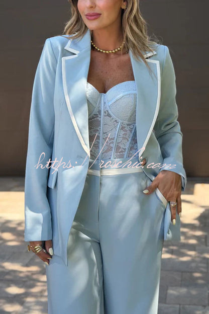 Timeless Essence Color Block Trim Button Up Long Sleeve Lapel Blazer