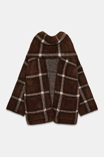 SHORT CHECK KNIT COAT WITH SCARF DETAIL