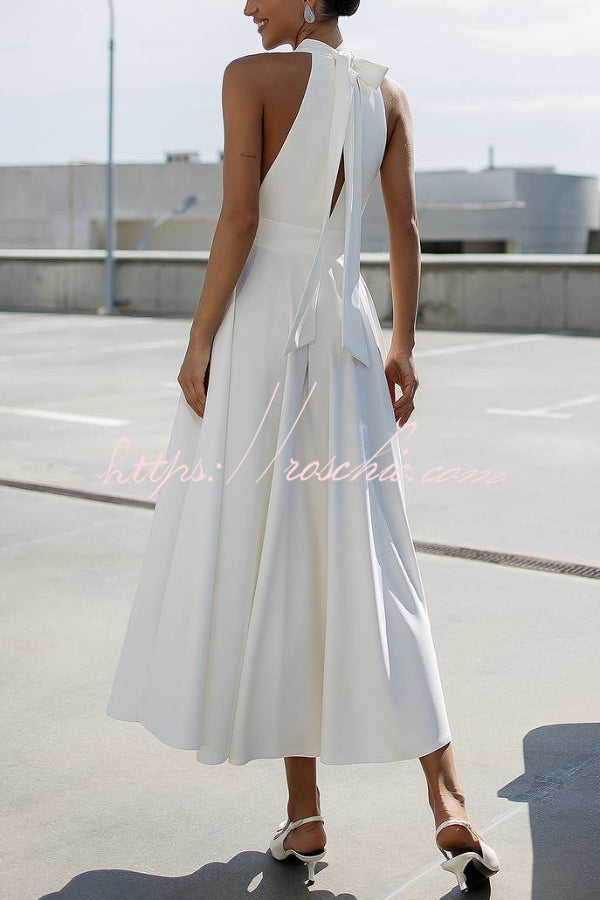 Solid Color Halter Neck Bow Tie Elegant Waist-cinching Midi Dress