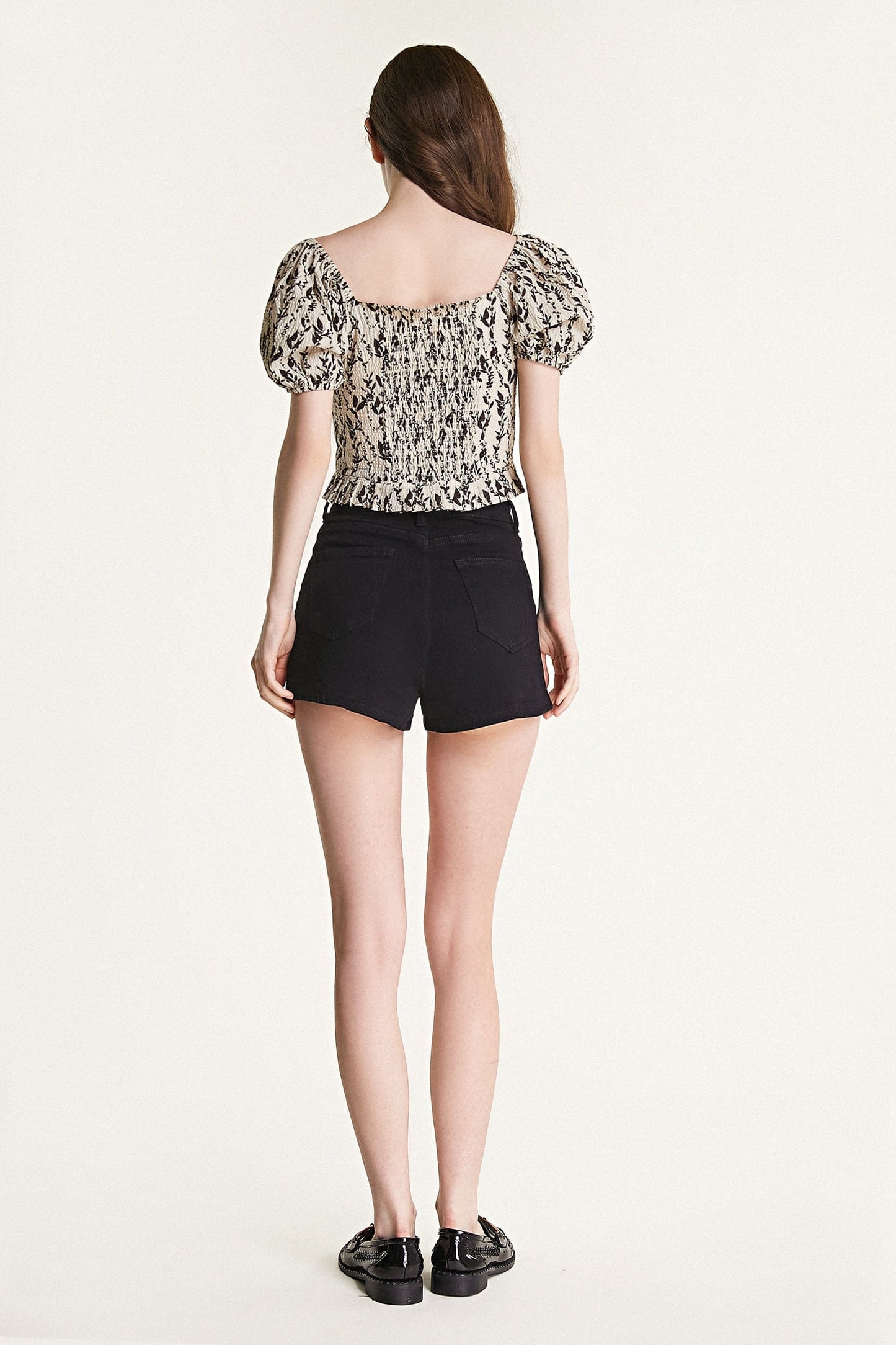 Beige Leaf Print Puff Sleeve Bow Detail Crop Top