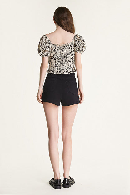 Beige Leaf Print Puff Sleeve Bow Detail Crop Top
