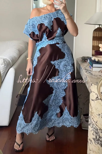 Fashionable Satin Lace Patchwork Asymmetrical Neckline and Fitted Waist Maxi Dress