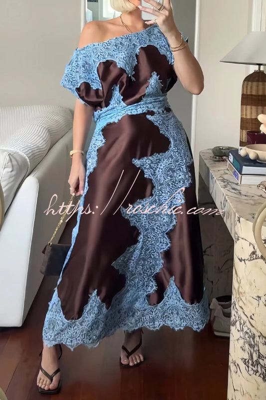 Fashionable Satin Lace Patchwork Asymmetrical Neckline and Fitted Waist Maxi Dress