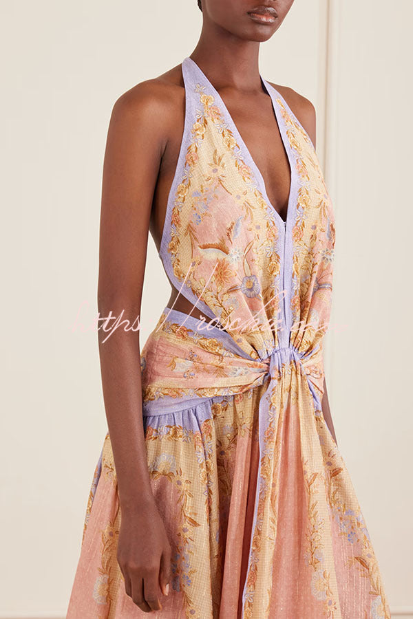 Chapel Linen Blend Floral Print Cutout Tie-up Waist Pocket Halter Backless Maxi Dress