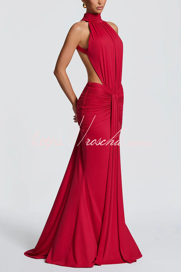 Thekla Stretch Slinky Jersey High Neck Ruched Backless Drape Maxi Dress