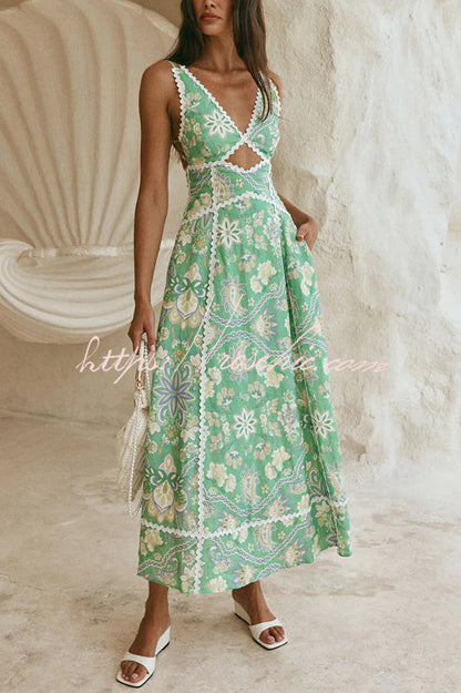 Linen Blend Unique Print V-neck Sleeveless Cutout Waist-cinching Maxi Dress