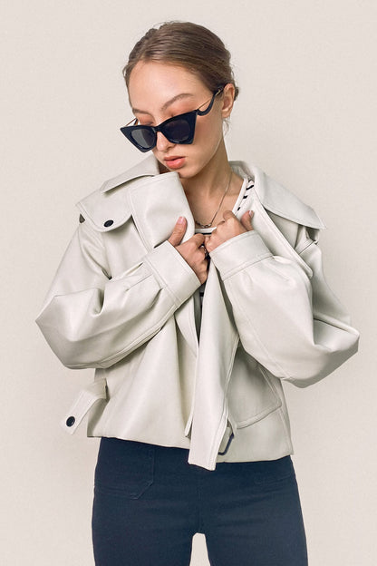 Beige Vegan Leather Pocket Detail Biker Jacket