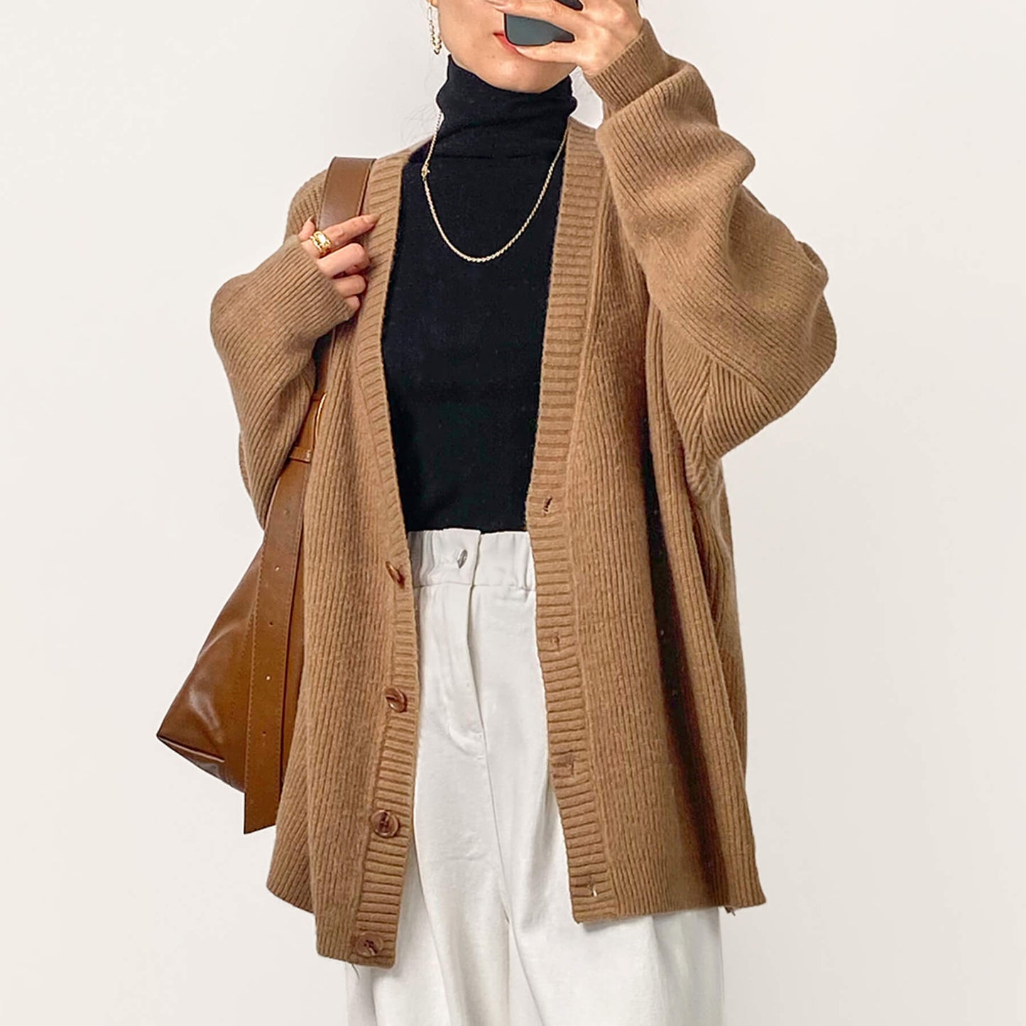 Brown Oversized Button Front Ribbed Knit Cardigan