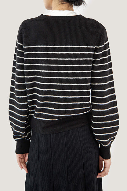 Black Wool-Blend Half-Button Striped Sweater