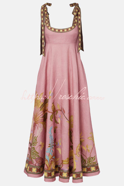 Linen Blend Unique Printed Tie-up Suspenders Pocket Elegant Vacation Maxi Dress