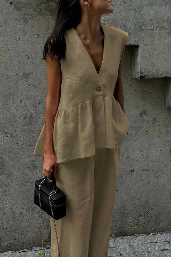 V-Neck Sleeveless Ruffled Peplum Top + Wide-Leg Pants Linen Set