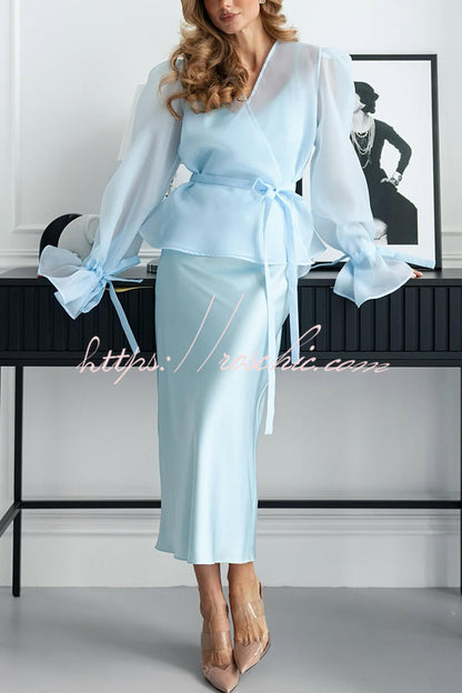 Graceful Party Tulle Knotted Long Sleeve Kimono Top and Satin Slip Midi Dress Set