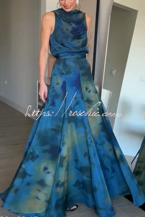 Ione Chiffon Ombr¨¦ Print Cowl Neck Top and High Rise Maxi Skirt Set with Scarf