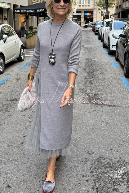 Jollie Knit Long Sleeve Front Slit Midi Sweater and Pleated Tulle Stretch Tank Midi Dress Two-piece
