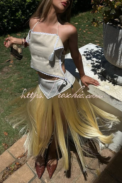 Stylish Halter Neck Lace Up Tassel Pendant Backless Top