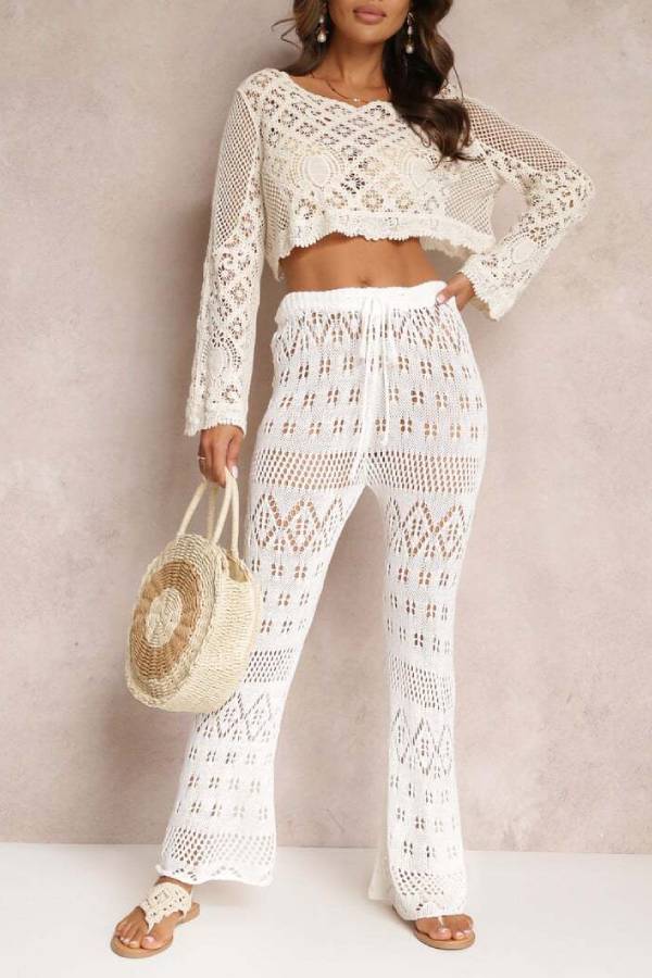 White Hollow Crochet Flare Sleeve Crop Cover Up Top