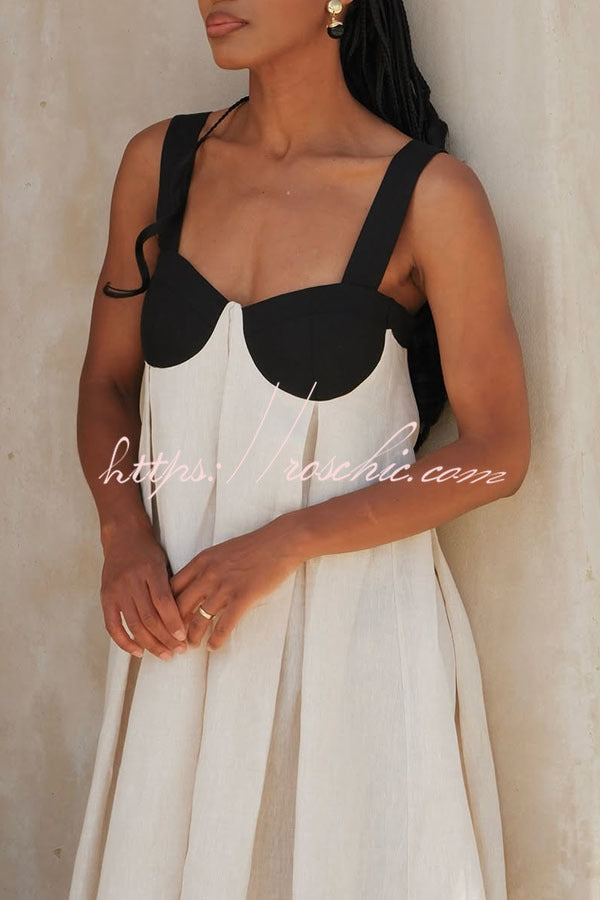 Jordina Linen Blend Colorblock Cups Backless Tie-up Loose Maxi Dress