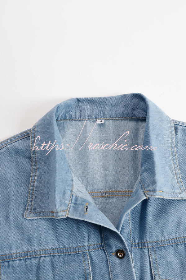 Loose-fitting Short-sleeved Shirt with Fringed Denim Mini Skirt