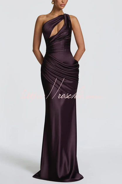 Emina Satin One Shoulder Asymmetrical Neck Cutout Back Lace-up Drape Maxi Dress