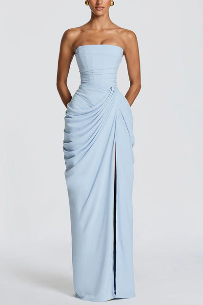 Cyra Back Lace-up Asymmetrical Pleats Strapless Slit Maxi Dress(Buy 2 Get Free Shipping)