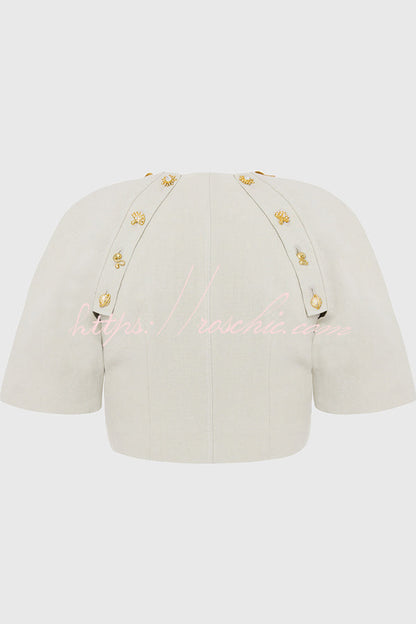 Custom Look Linen Blend Unique Metal Pattern Buttons Slit Half Sleeve Crop Jacket