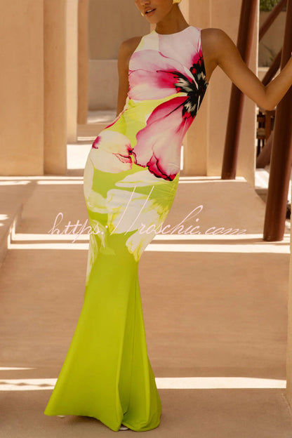 Floral Print Sleeveless Slim-fit Elegant Fishtail Maxi Dress