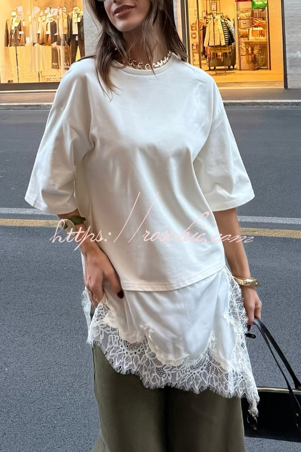 Stylish Round Neck Short-sleeved Patchwork Lace Hem Loose T-shirt