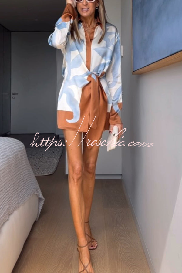 Lake Days Satin Colorblock Unique Print Tie-up Shirt Mini Dress