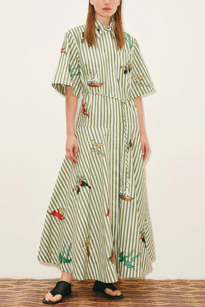 Linen Blend Striped Print Collared Short-sleeved Fitted Waist Belted Casual Maxi Dress