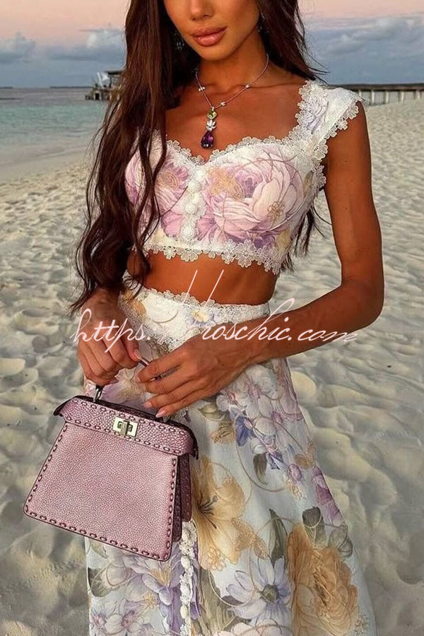 Romantic and Beautiful Floral Print Lace Trim Sweetheart Neck Tank and High Rise Maxi Skirt Set