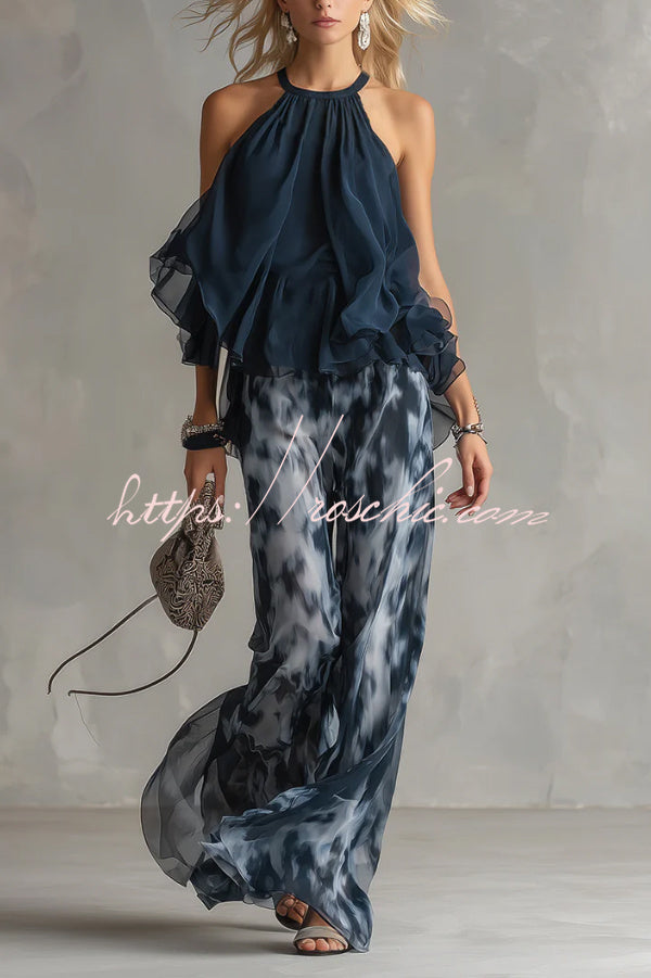 Navy Blue Camisole and Printed Wide-leg Chiffon Suit